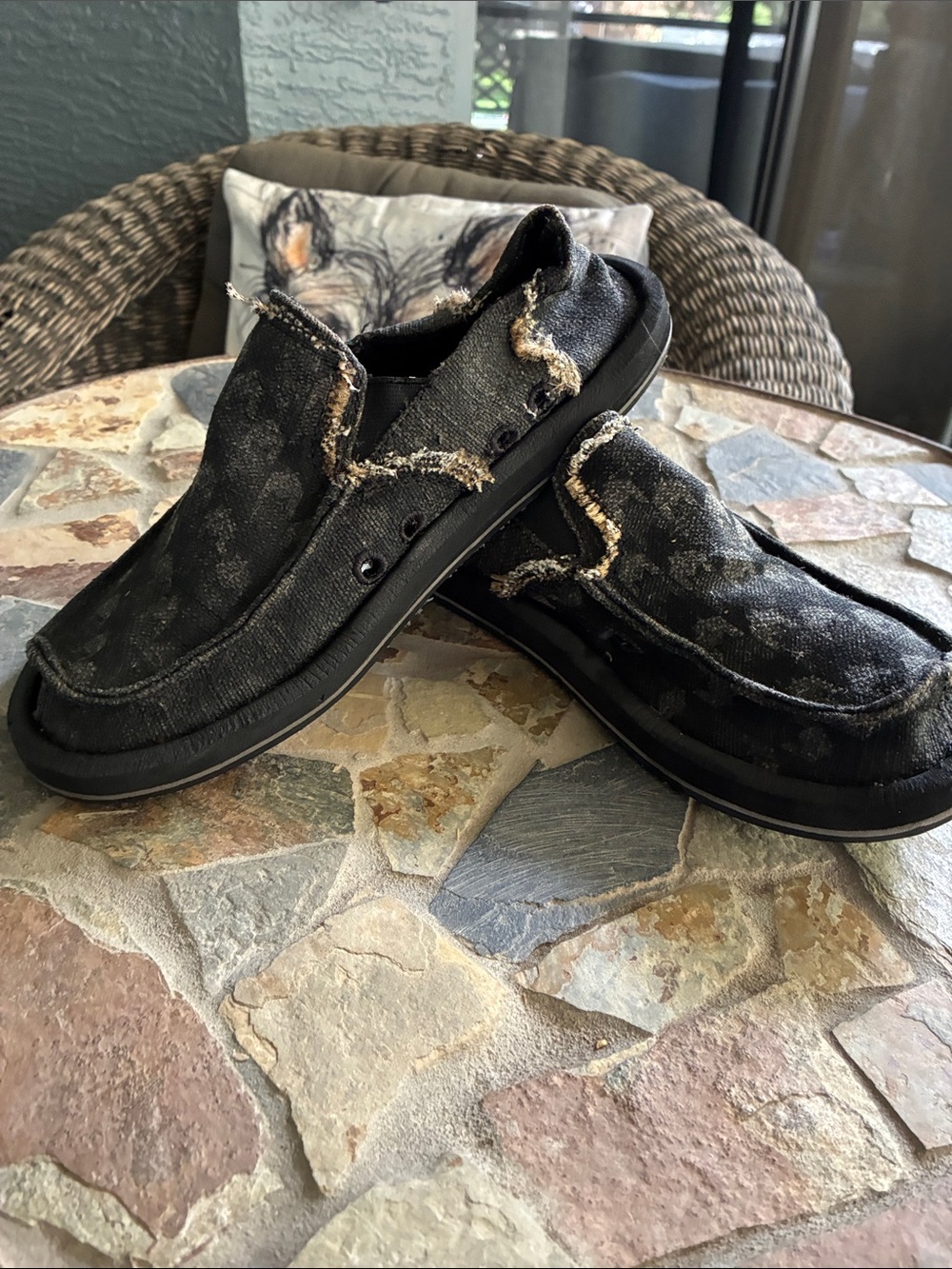 Sanuk Men's Black Frayed Canvas Slip-On Loafers